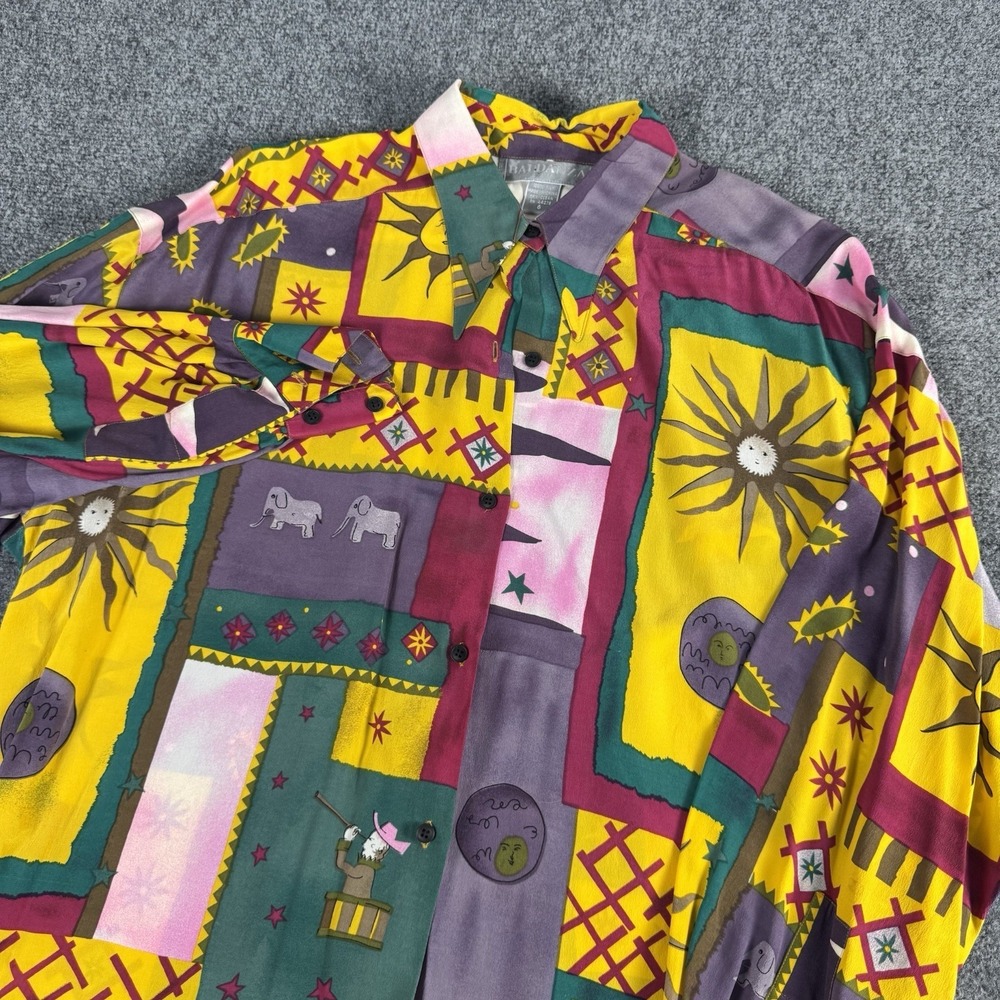 Vintage Baldanza 80s Silk Shirt Button Up Blouse Abstract Funky Art Size 6
